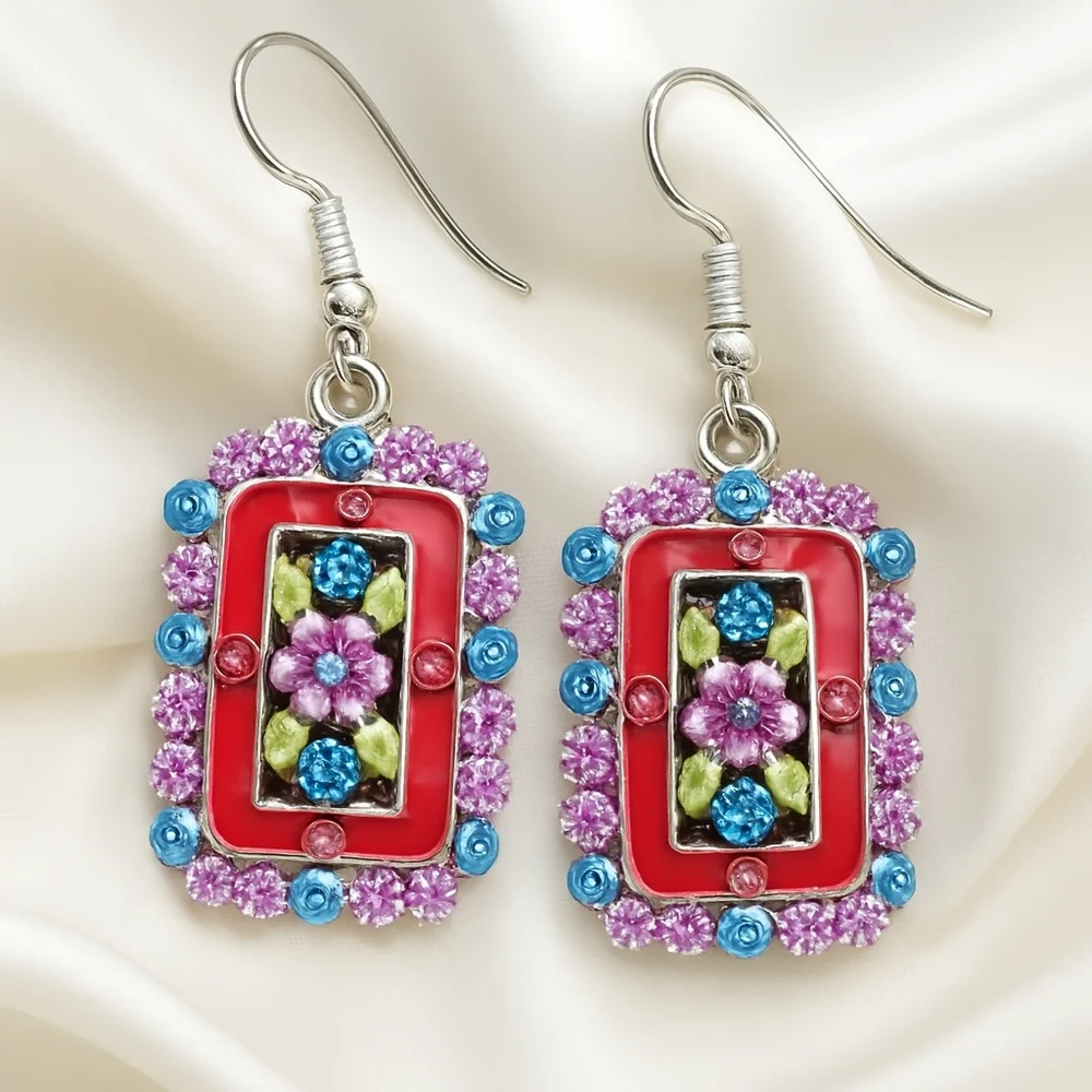 Red - Crystal Floral Drop Earrings – Silver-Tone Statement Jewelry 2-inch - Picture 1 of 7
